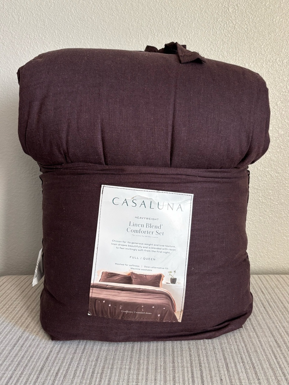 NWT Full/Queen Heavyweight Linen Blend Comforter and Sham Set Dark Fig Casaluna